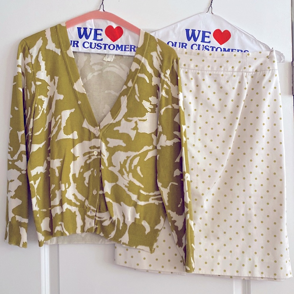 J.Crew #2 Skirt & Metallic Cardigan Sold as Set! Cream, Olive and Gold